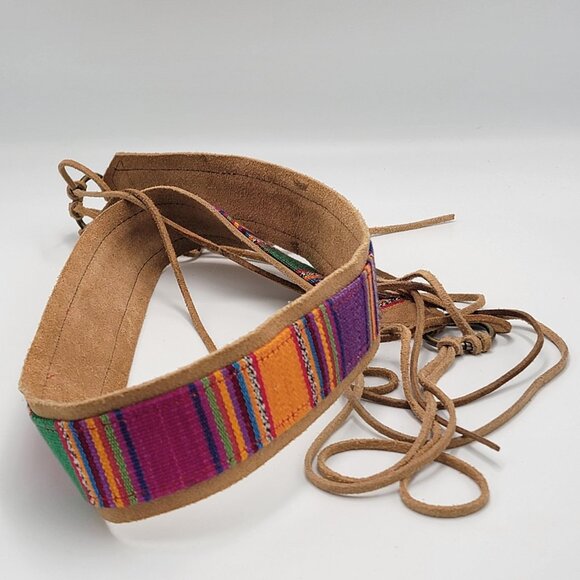 Vtg Suede/Leather Multicolor Boho Aztec Woven Pattern Western Belt main image 4